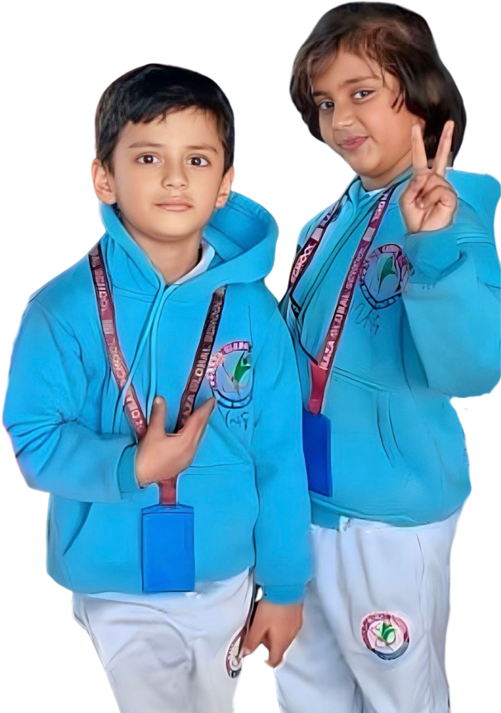 Students of Raza Global School in blue uniform hoodies